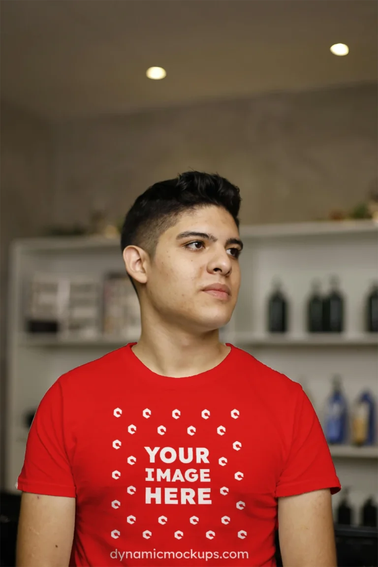 Man Wearing Red T-shirt Mockup Front View Template