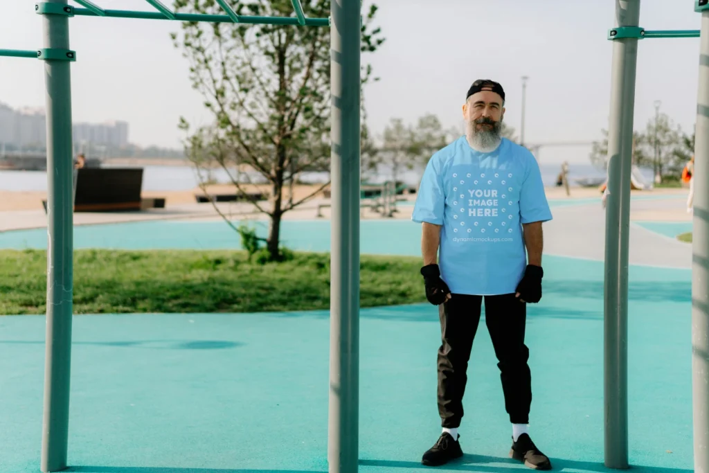 Man Wearing Sky Blue T-shirt Mockup Front View Template