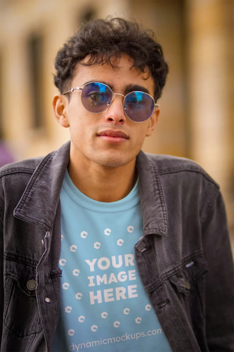 Man Wearing Sky Blue T-shirt Mockup Front View Template