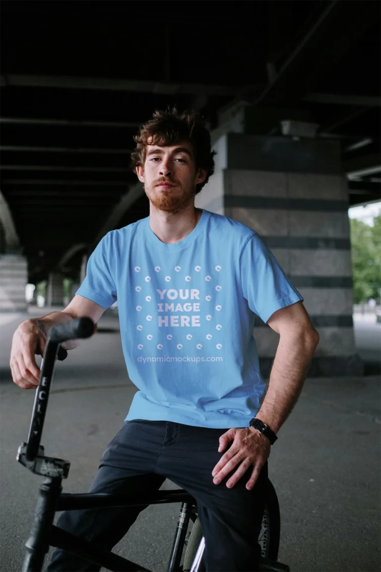 Man Wearing Sky Blue T-shirt Mockup Front View Template