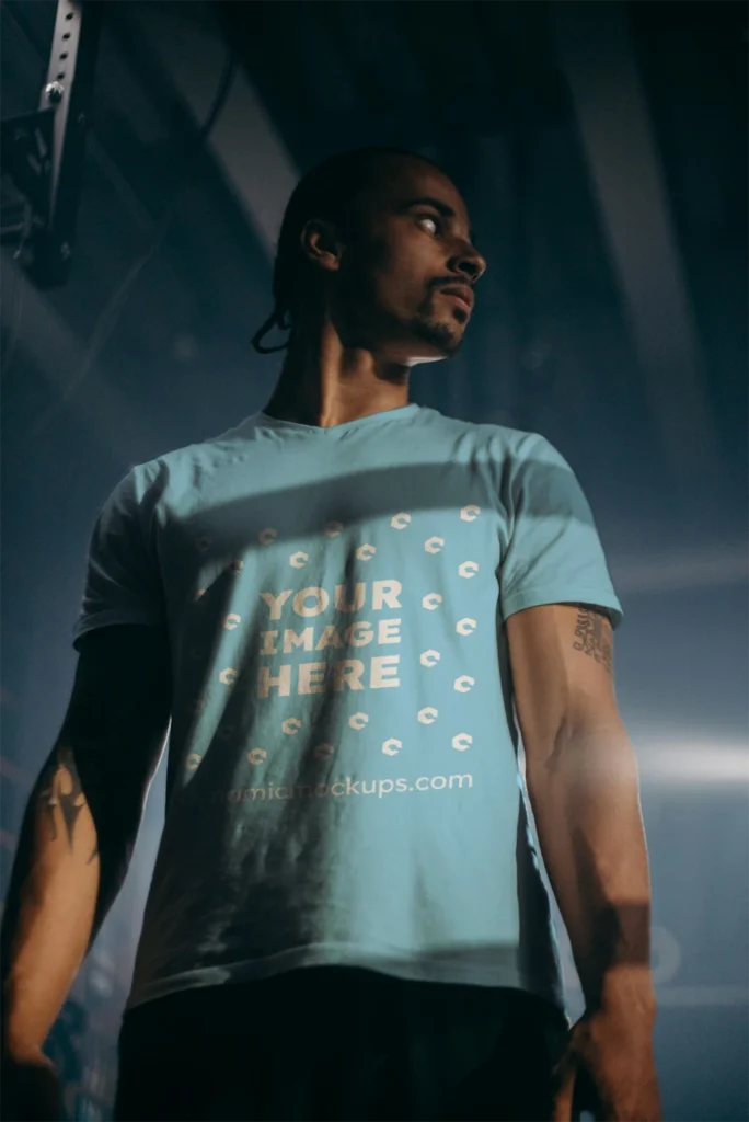 Man Wearing Sky Blue T-shirt Mockup Front View Template