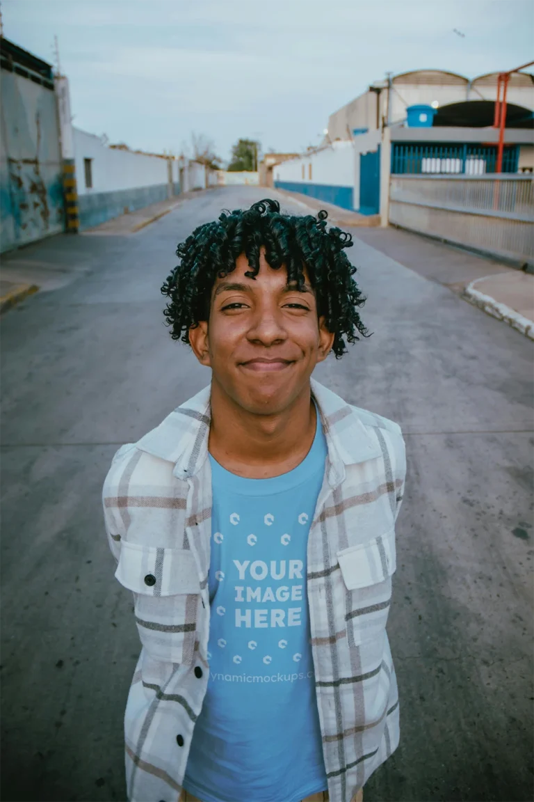 Man Wearing Sky Blue T-shirt Mockup Front View Template