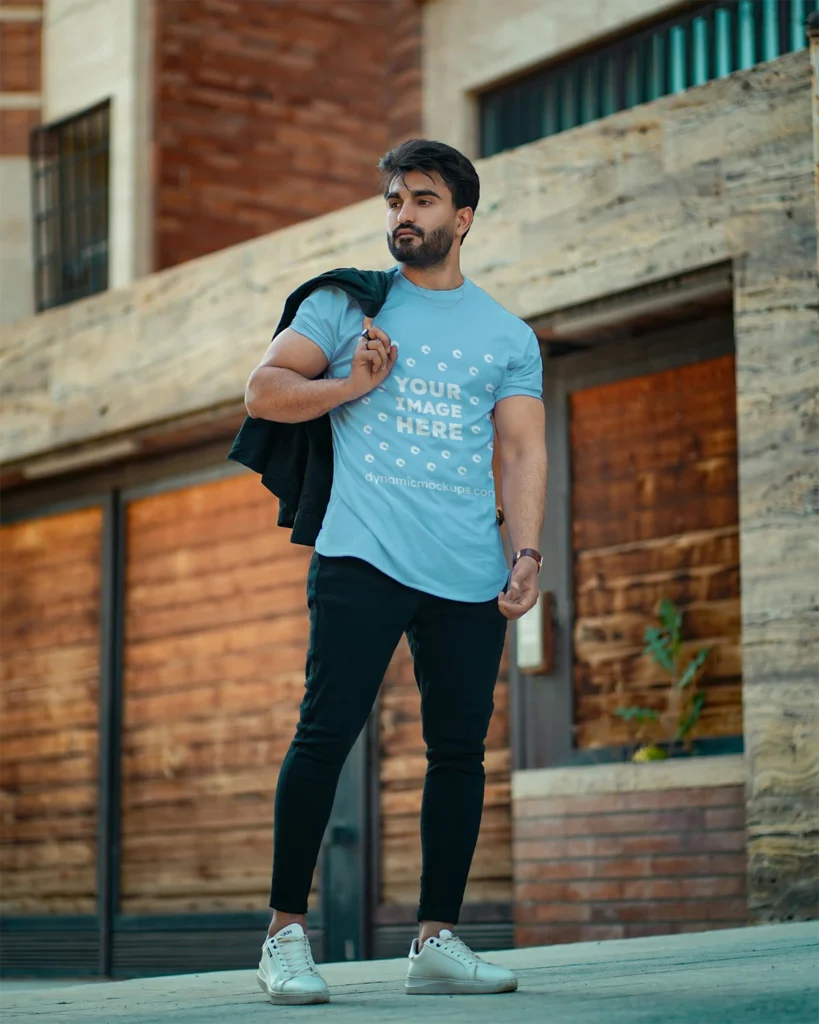 Man Wearing Sky Blue T-shirt Mockup Front View Template