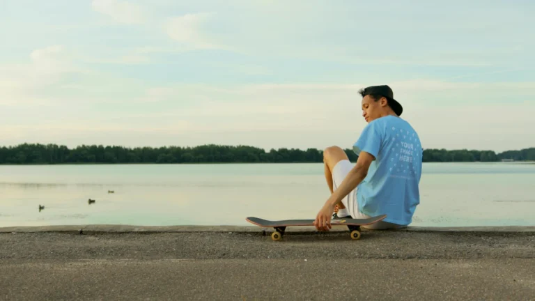 Man Wearing Sky Blue T-shirt Mockup Front View Template