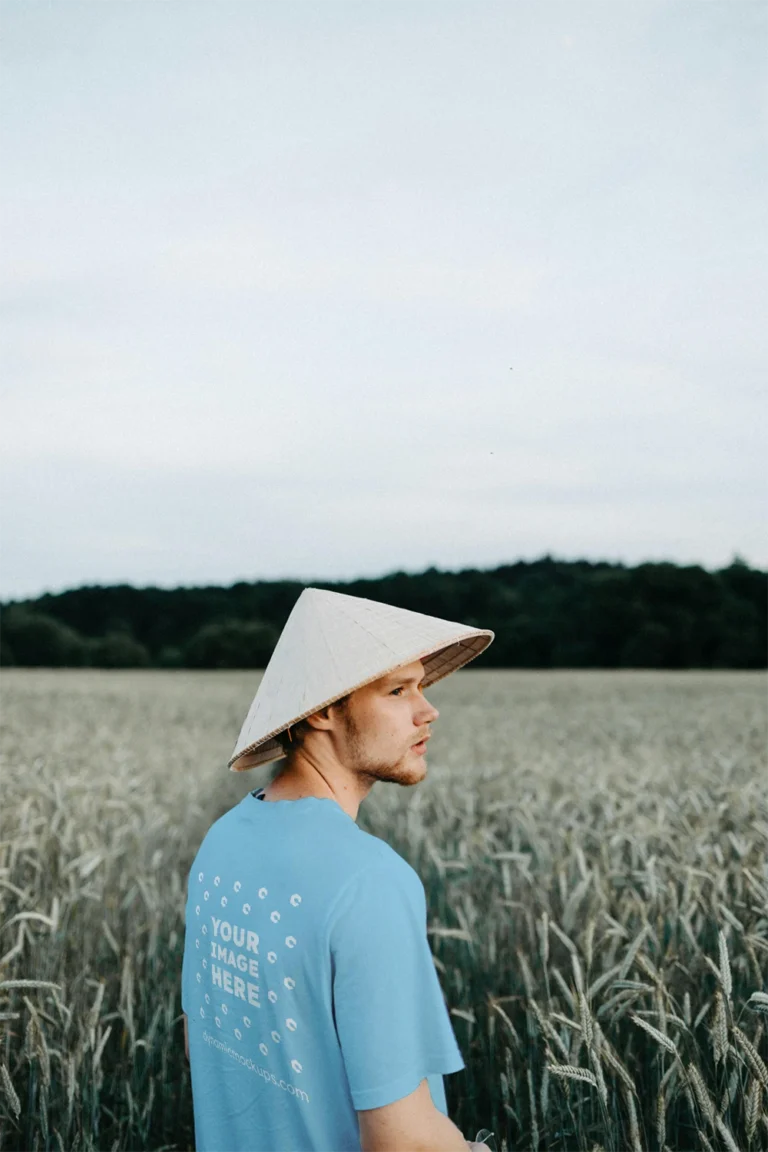 Man Wearing Sky Blue T-shirt Mockup Front View Template