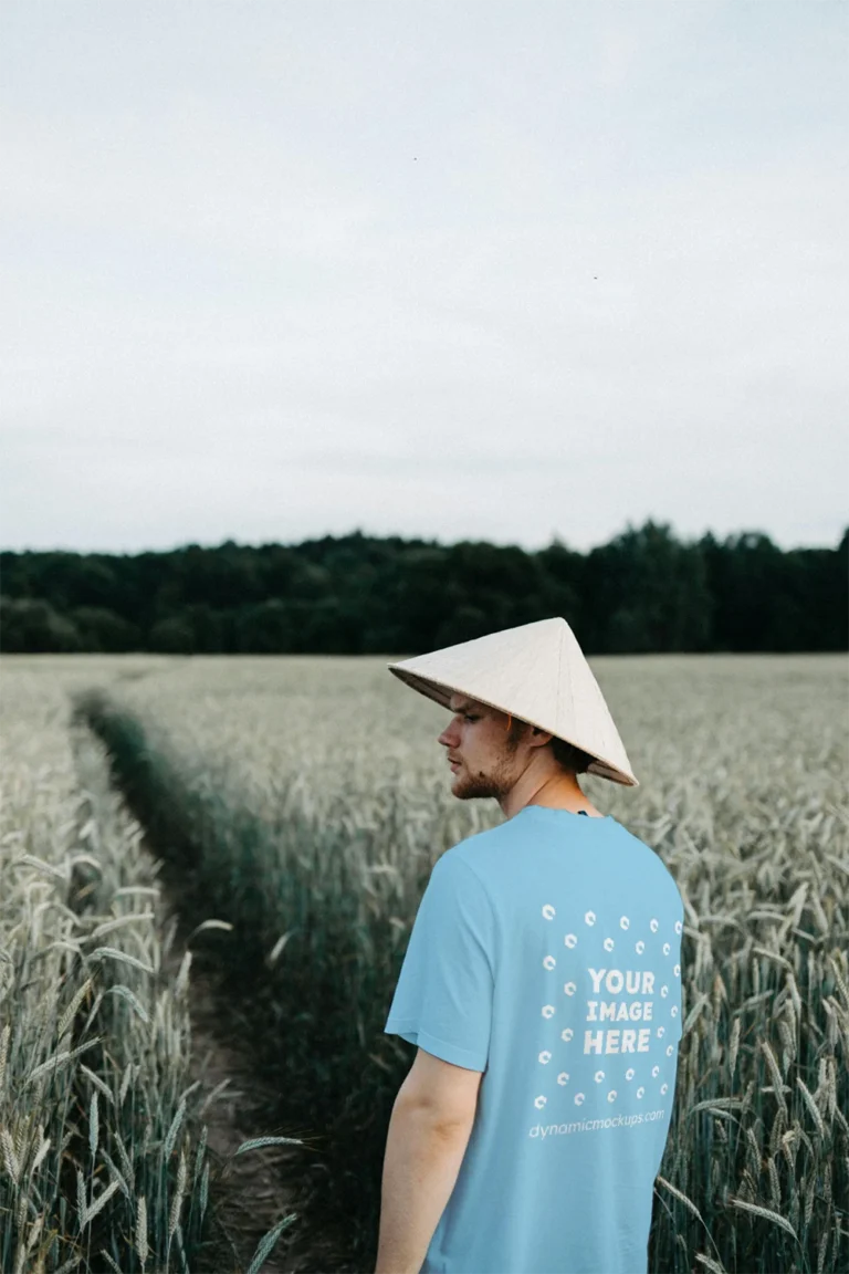 Man Wearing Sky Blue T-shirt Mockup Front View Template