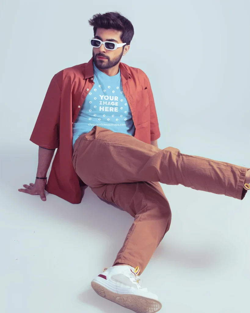 Man Wearing Sky Blue T-shirt Mockup Front View Template