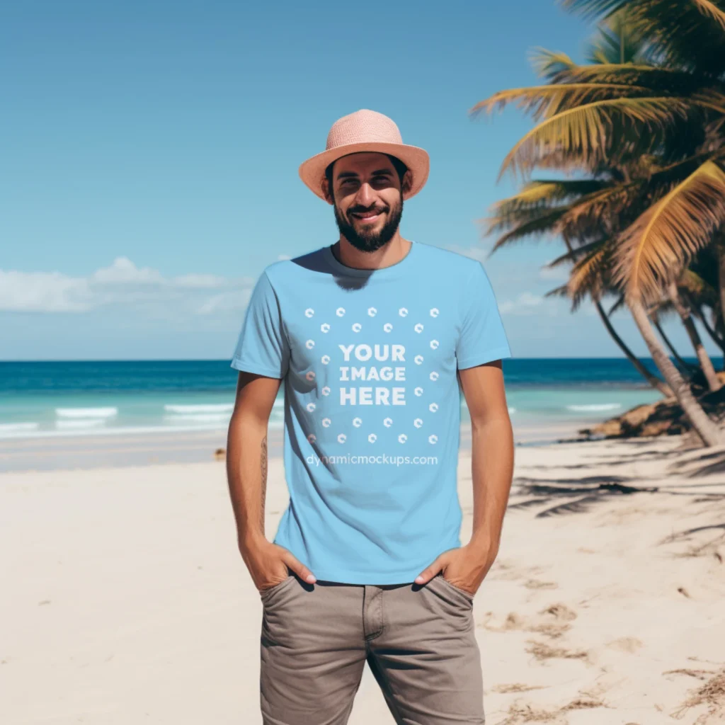 Man Wearing Sky Blue T-shirt Mockup Front View Template