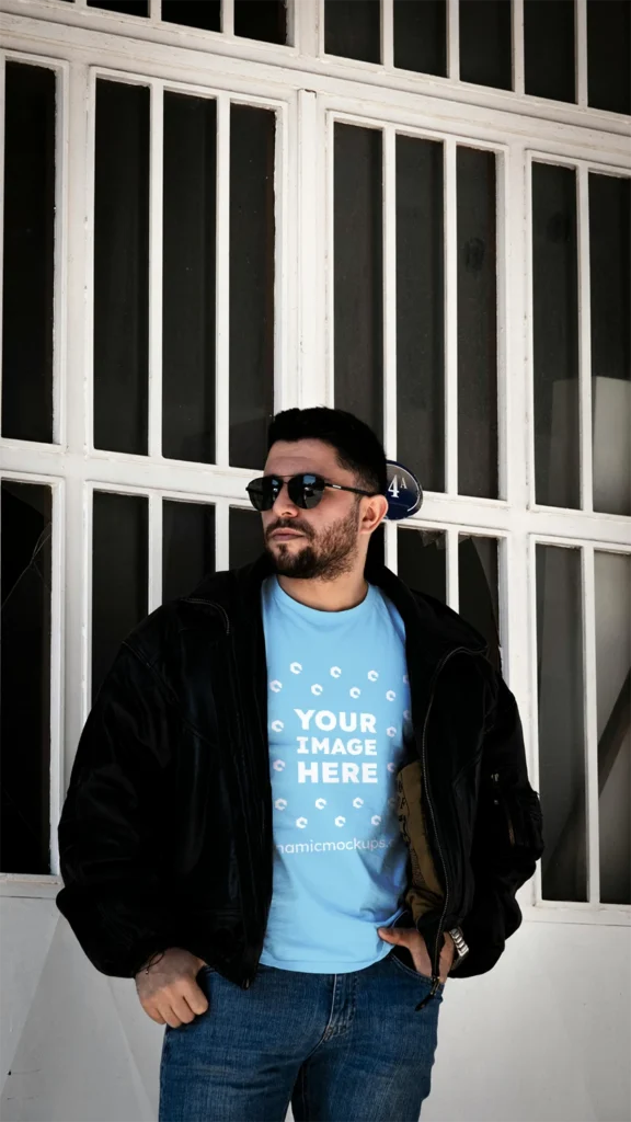 Man Wearing Sky Blue T-shirt Mockup Front View Template