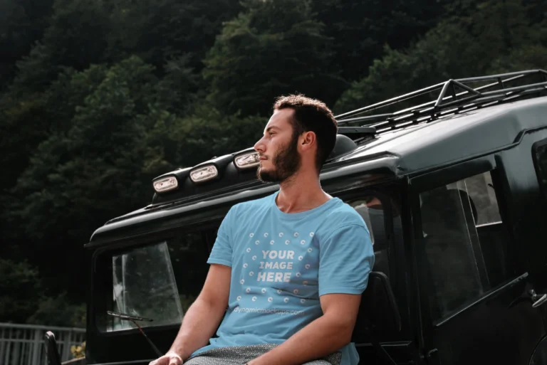 Man Wearing Sky Blue T-shirt Mockup Front View Template