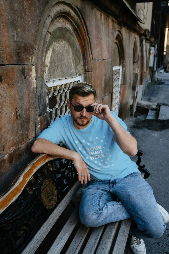 Man Wearing Sky Blue T-shirt Mockup Front View Template