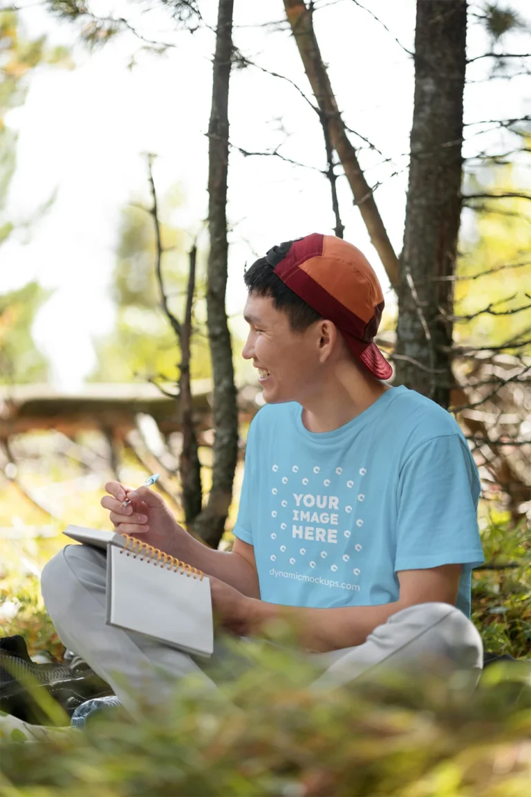 Man Wearing Sky Blue T-shirt Mockup Front View Template