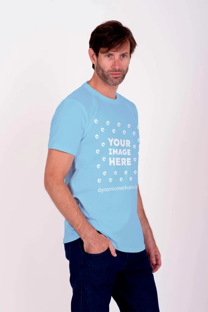 Man Wearing Sky Blue T-shirt Mockup Side View Template