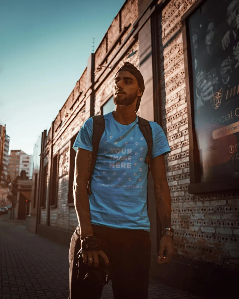 Man Wearing Sky Blue T-shirt Mockup Front View Template