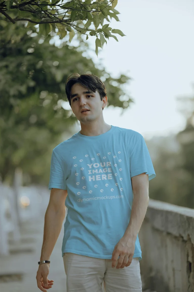 Man Wearing Sky Blue T-shirt Mockup Front View Template