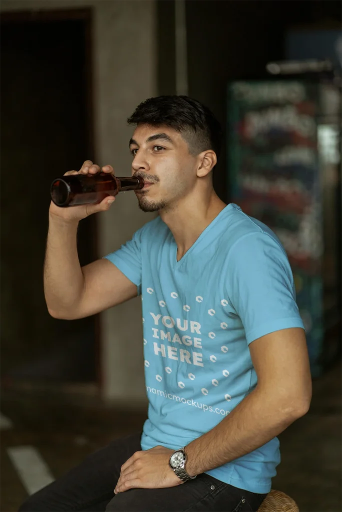 Man Wearing Sky Blue T-shirt Mockup Side View Template