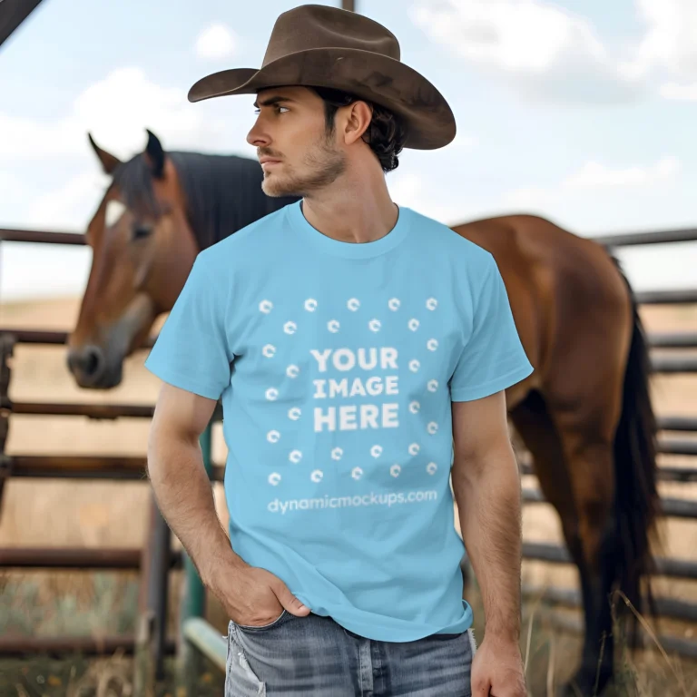 Man Wearing Sky Blue T-shirt Mockup Front View Template