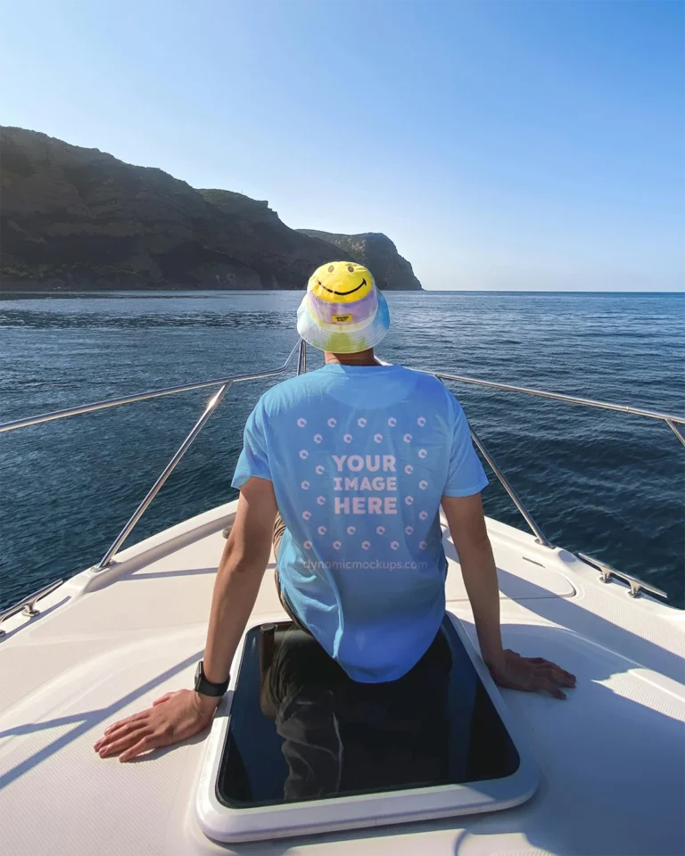 Man Wearing Sky Blue T-shirt Mockup Back View Template