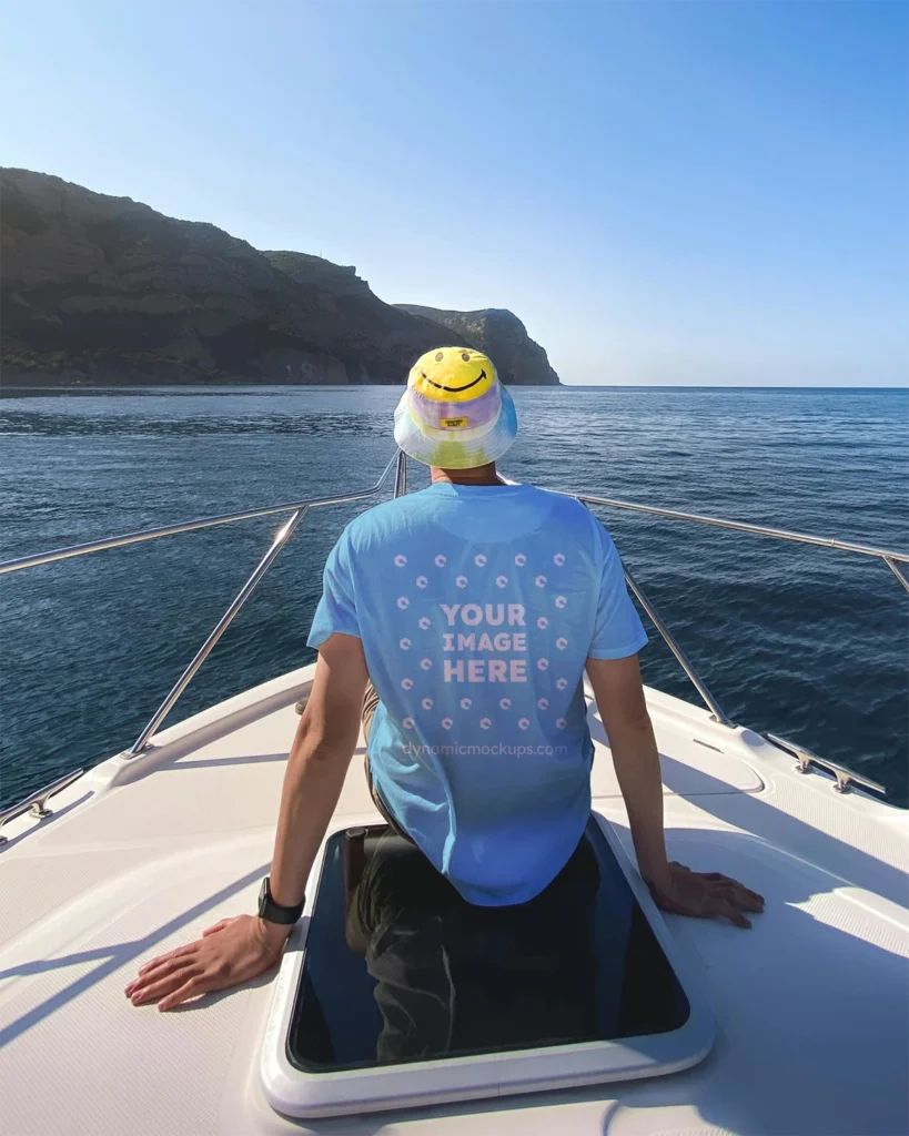 Man Wearing Sky Blue T-shirt Mockup Back View Template