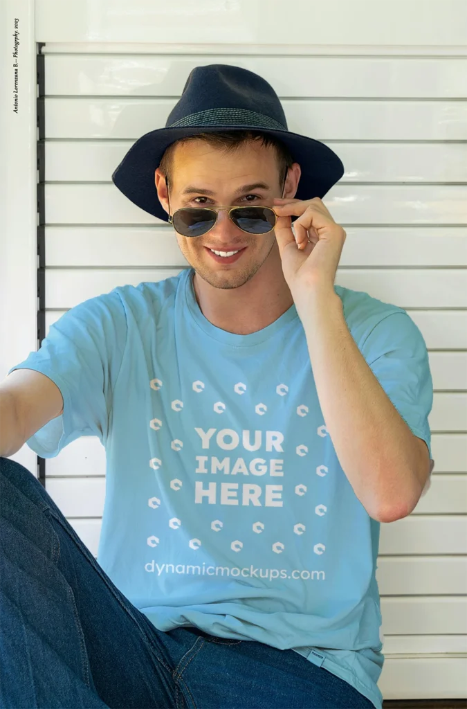 Man Wearing Sky Blue T-shirt Mockup Front View Template