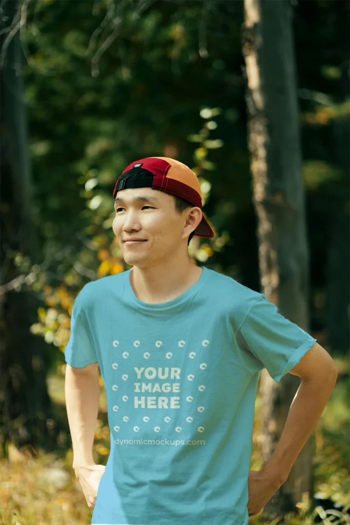 Man Wearing Sky Blue T-shirt Mockup Front View Template