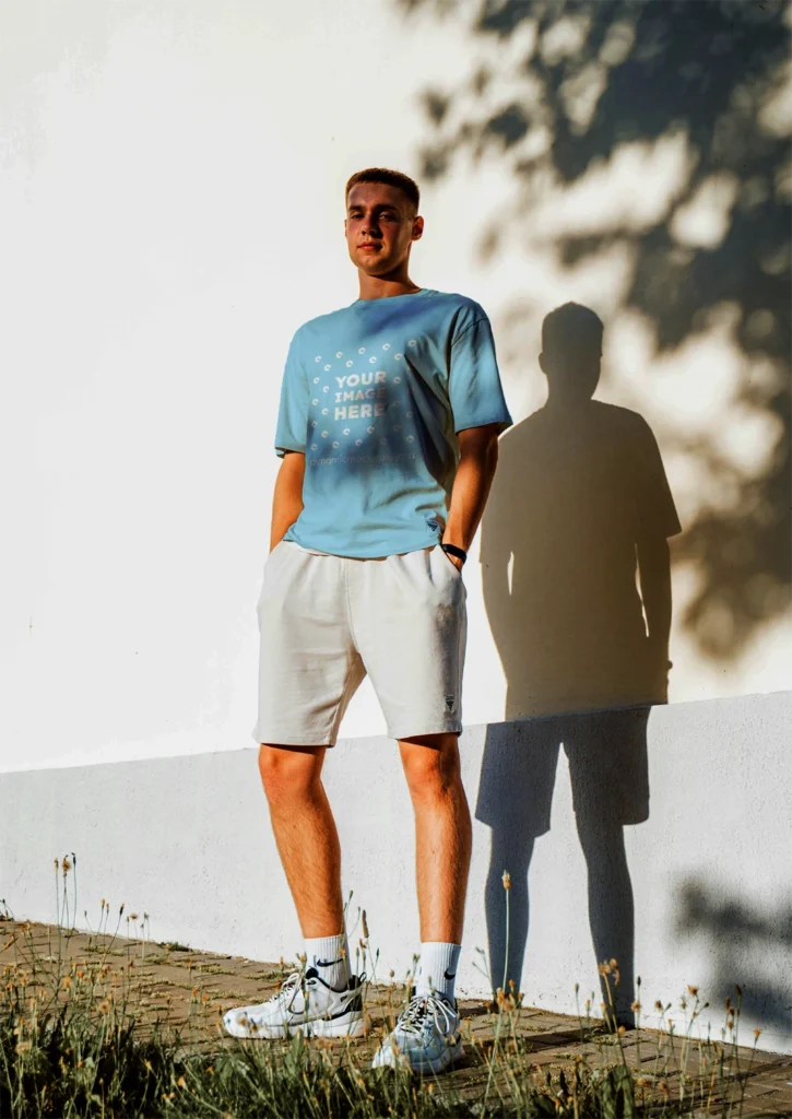 Man Wearing Sky Blue T-shirt Mockup Front View Template