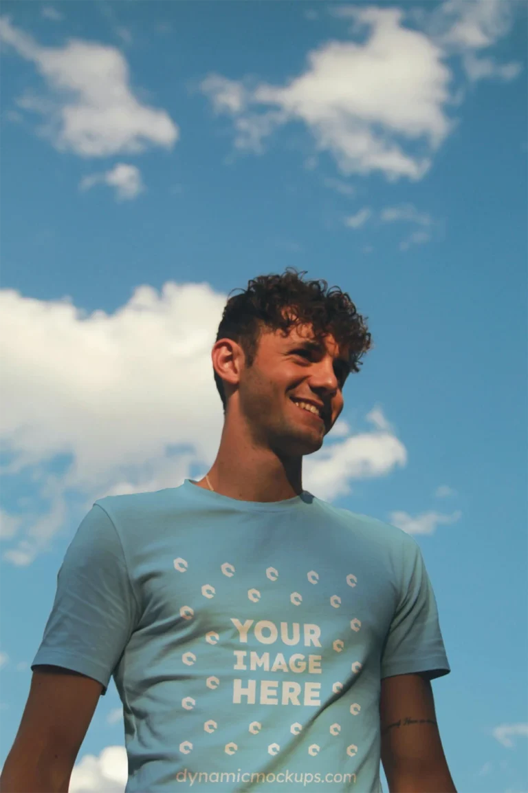 Man Wearing Sky Blue T-shirt Mockup Front View Template