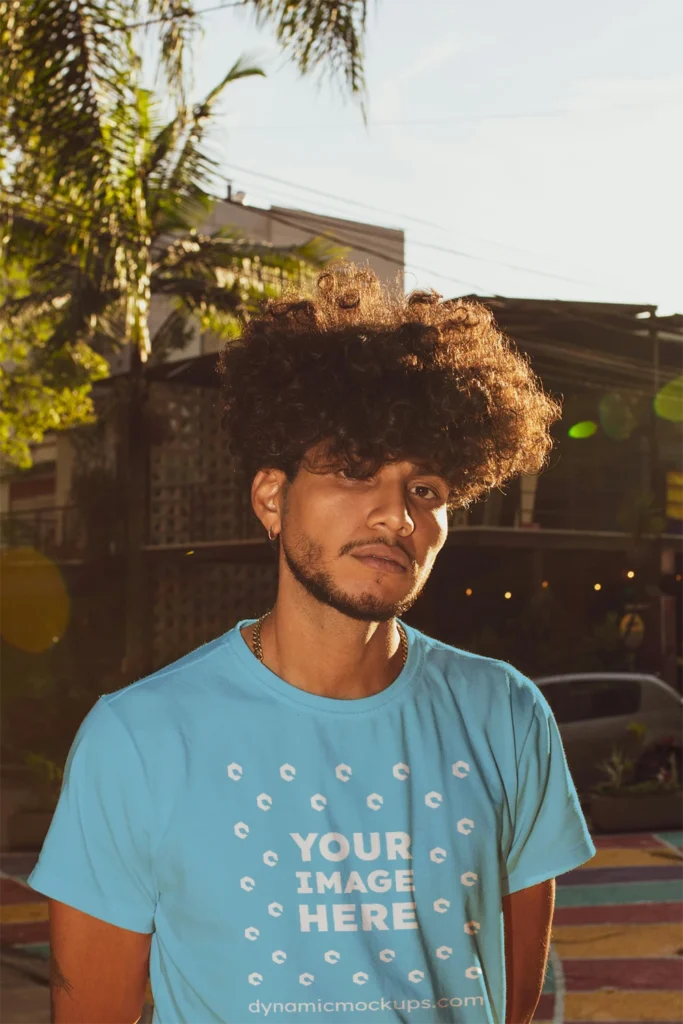 Man Wearing Sky Blue T-shirt Mockup Front View Template