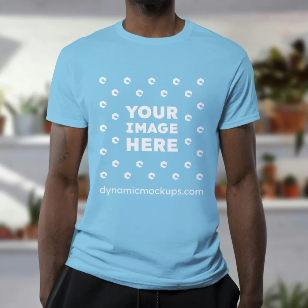 Man Wearing Sky Blue T-shirt Mockup Front View Template