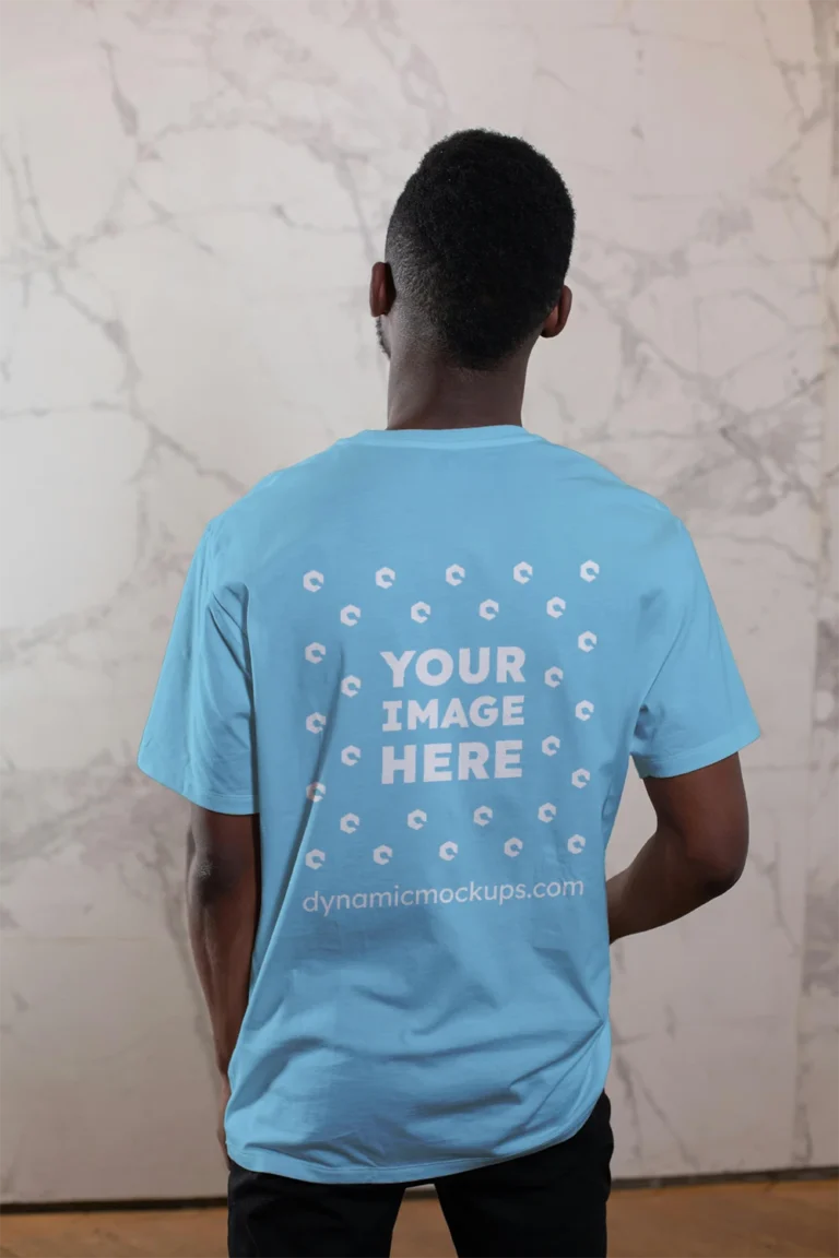 Man Wearing Sky Blue T-shirt Mockup Back View Template