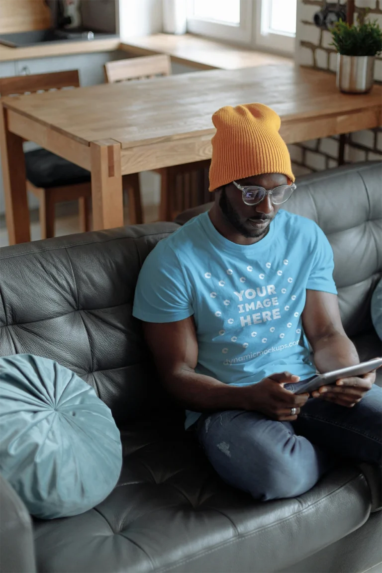 Man Wearing Sky Blue T-shirt Mockup Front View Template