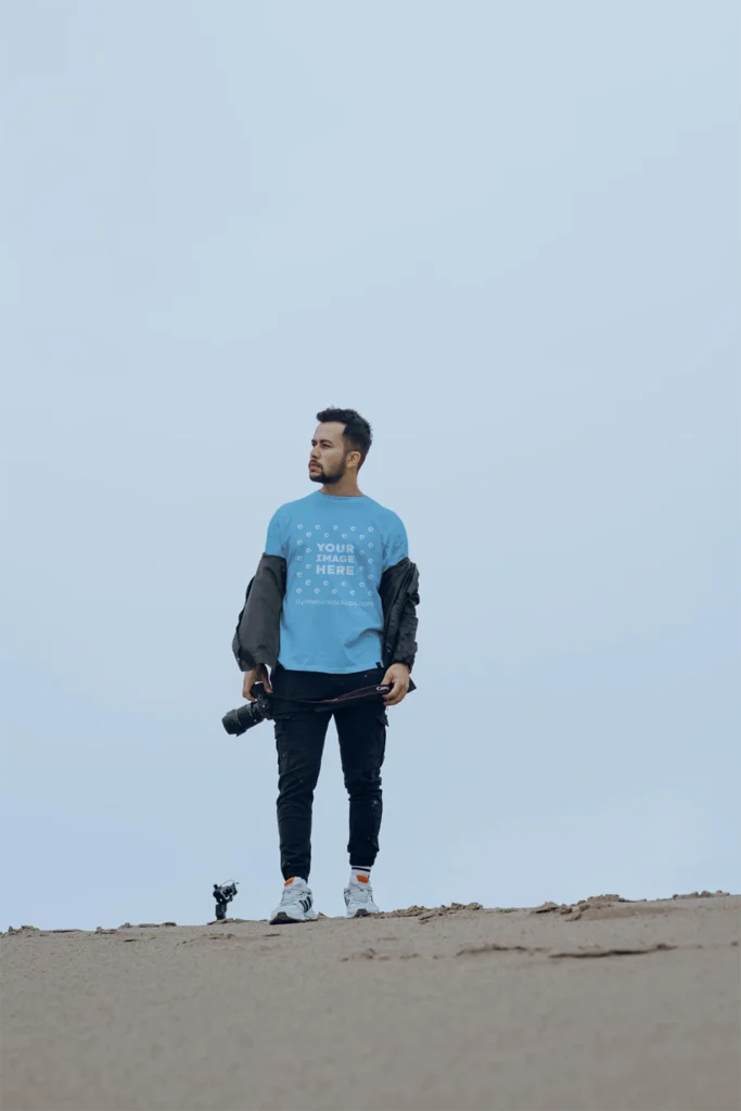 Man Wearing Sky Blue T-shirt Mockup Front View Template