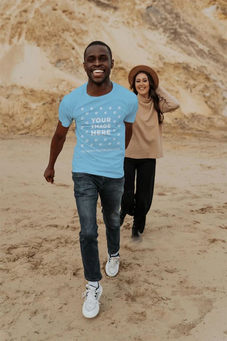 Man Wearing Sky Blue T-shirt Mockup Front View Template