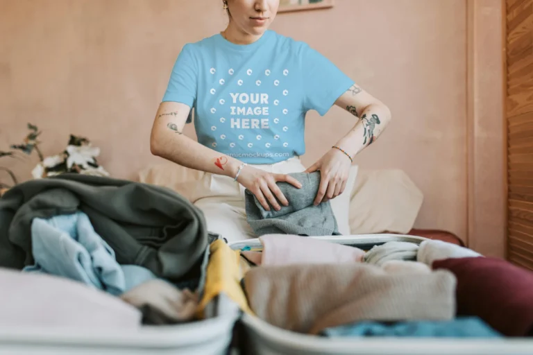 Man Wearing Sky Blue T-shirt Mockup Front View Template