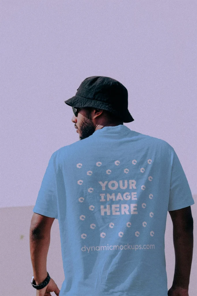 Man Wearing Sky Blue T-shirt Mockup Back View Template