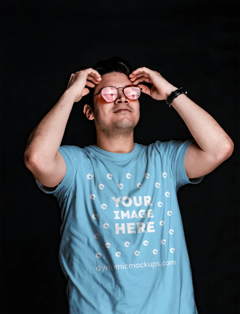 Man Wearing Sky Blue T-shirt Mockup Front View Template