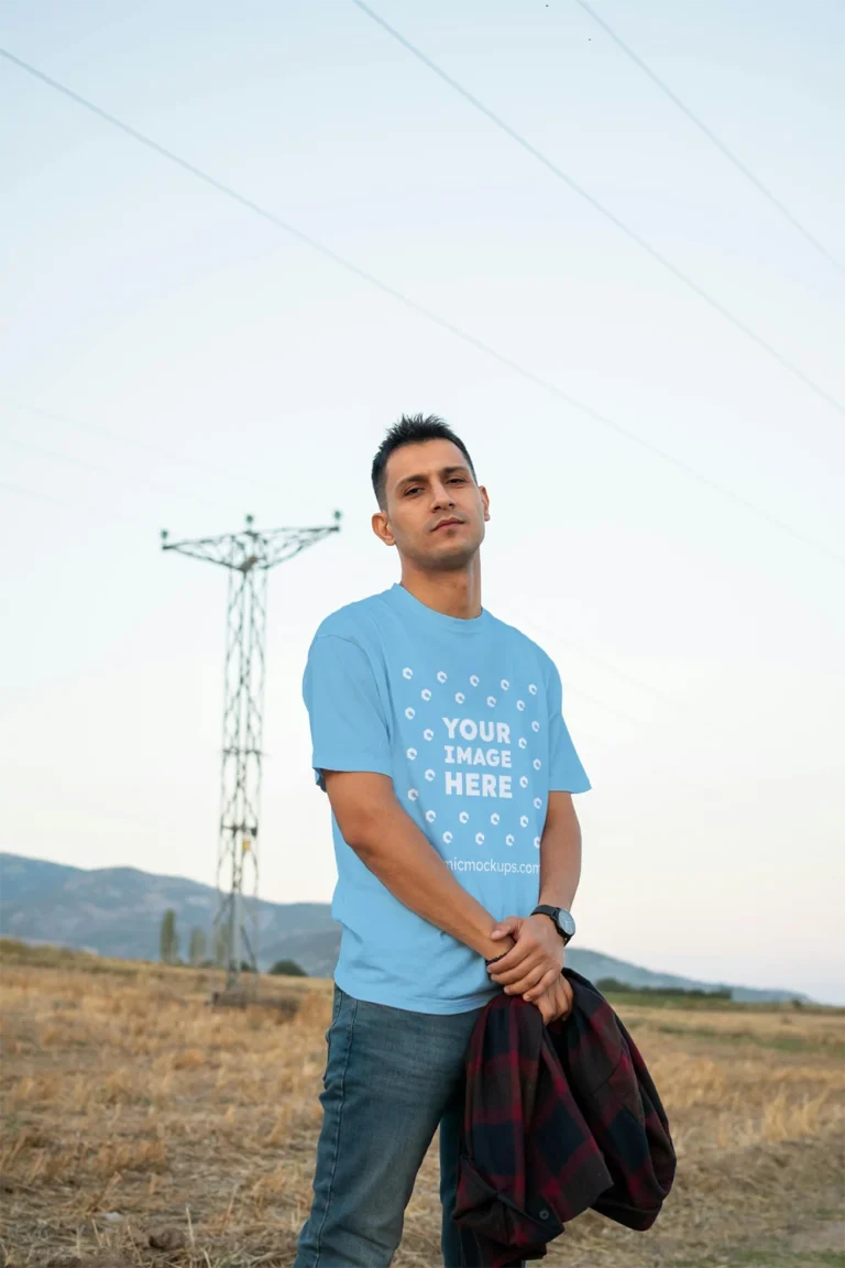 Man Wearing Sky Blue T-shirt Mockup Front View Template