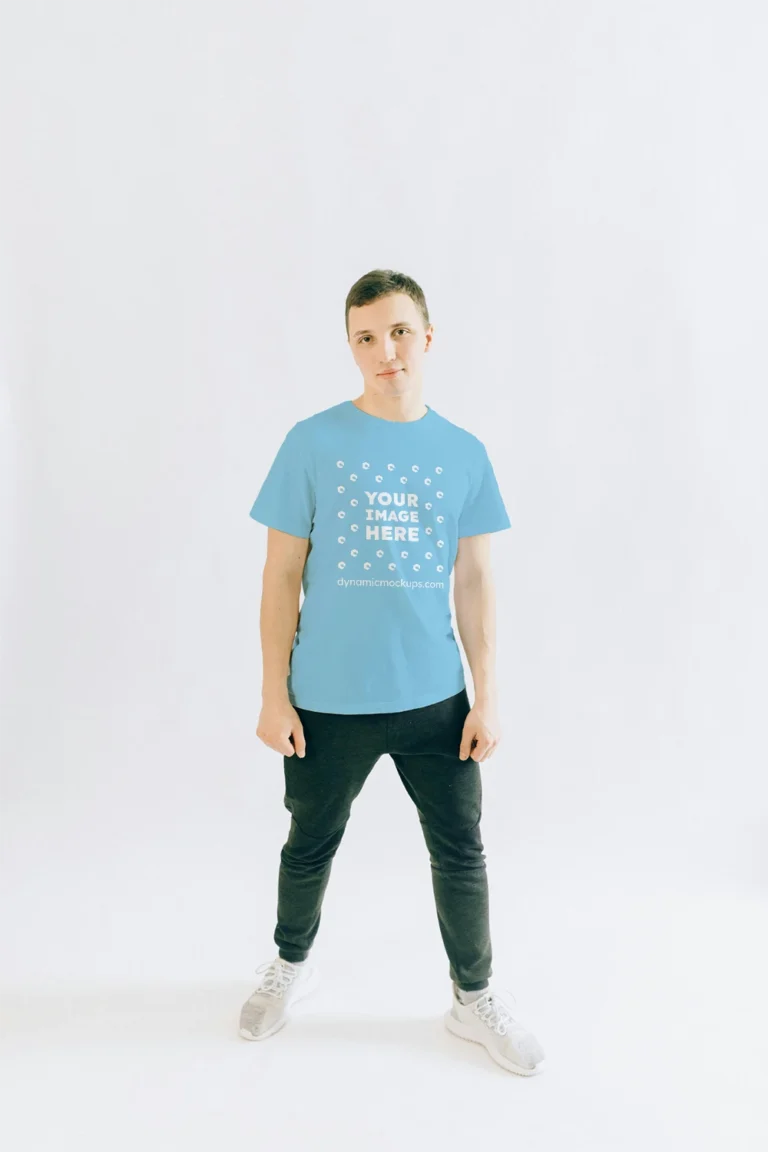 Man Wearing Sky Blue T-shirt Mockup Front View Template