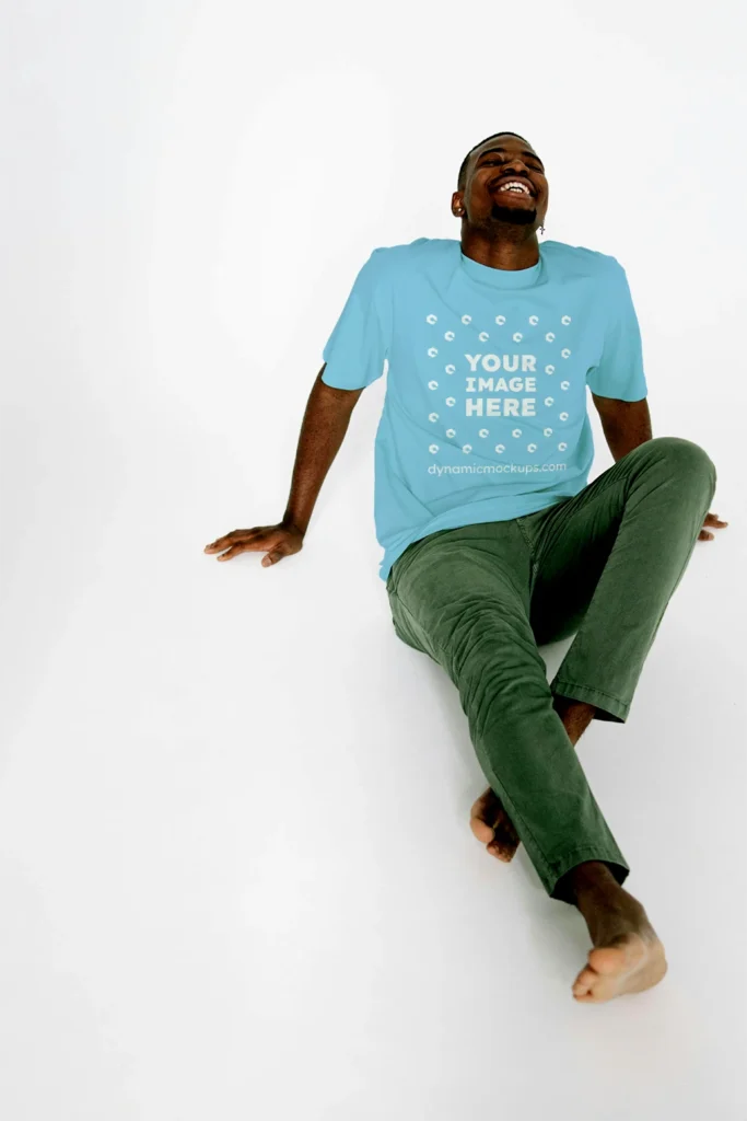 Man Wearing Sky Blue T-shirt Mockup Front View Template