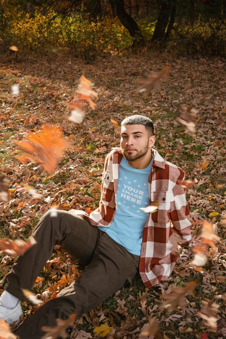 Man Wearing Sky Blue T-shirt Mockup Front View Template