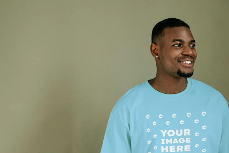 Man Wearing Sky Blue T-shirt Mockup Front View Template