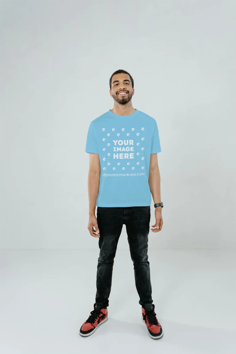 Man Wearing Sky Blue T-shirt Mockup Front View Template