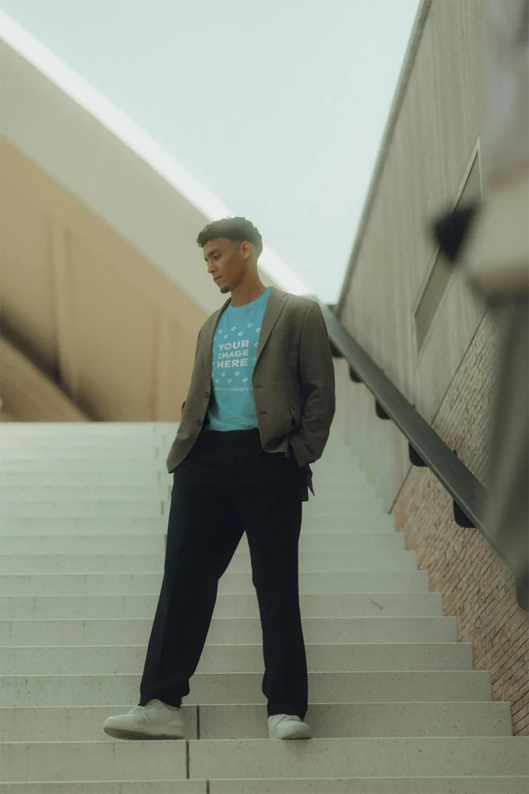 Man Wearing Sky Blue T-shirt Mockup Front View Template