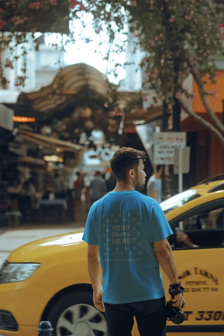 Man Wearing Sky Blue T-shirt Mockup Back View Template