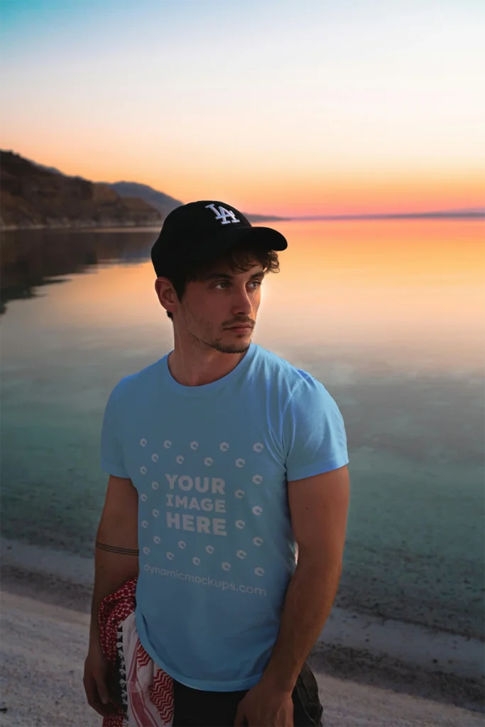 Man Wearing Sky Blue T-shirt Mockup Front View Template