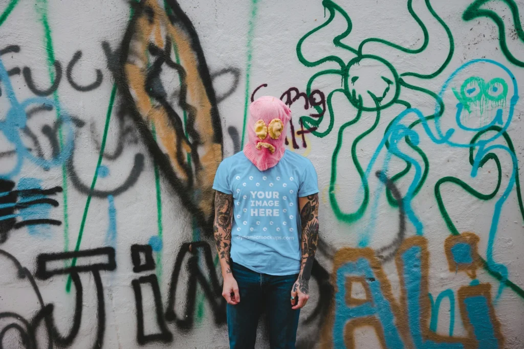 Man Wearing Sky Blue T-shirt Mockup Front View Template