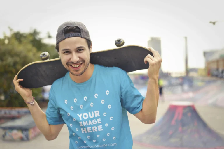 Man Wearing Sky Blue T-shirt Mockup Front View Template