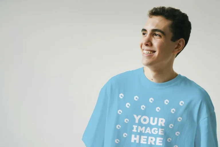 Man Wearing Sky Blue T-shirt Mockup Front View Template