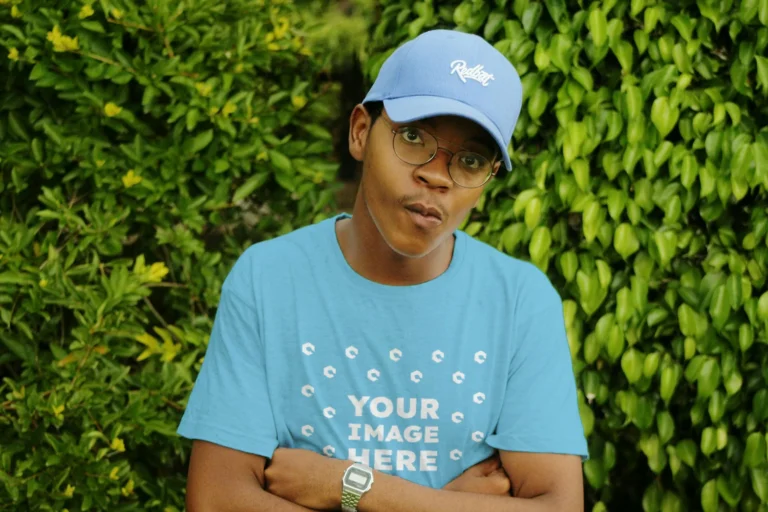 Man Wearing Sky Blue T-shirt Mockup Front View Template