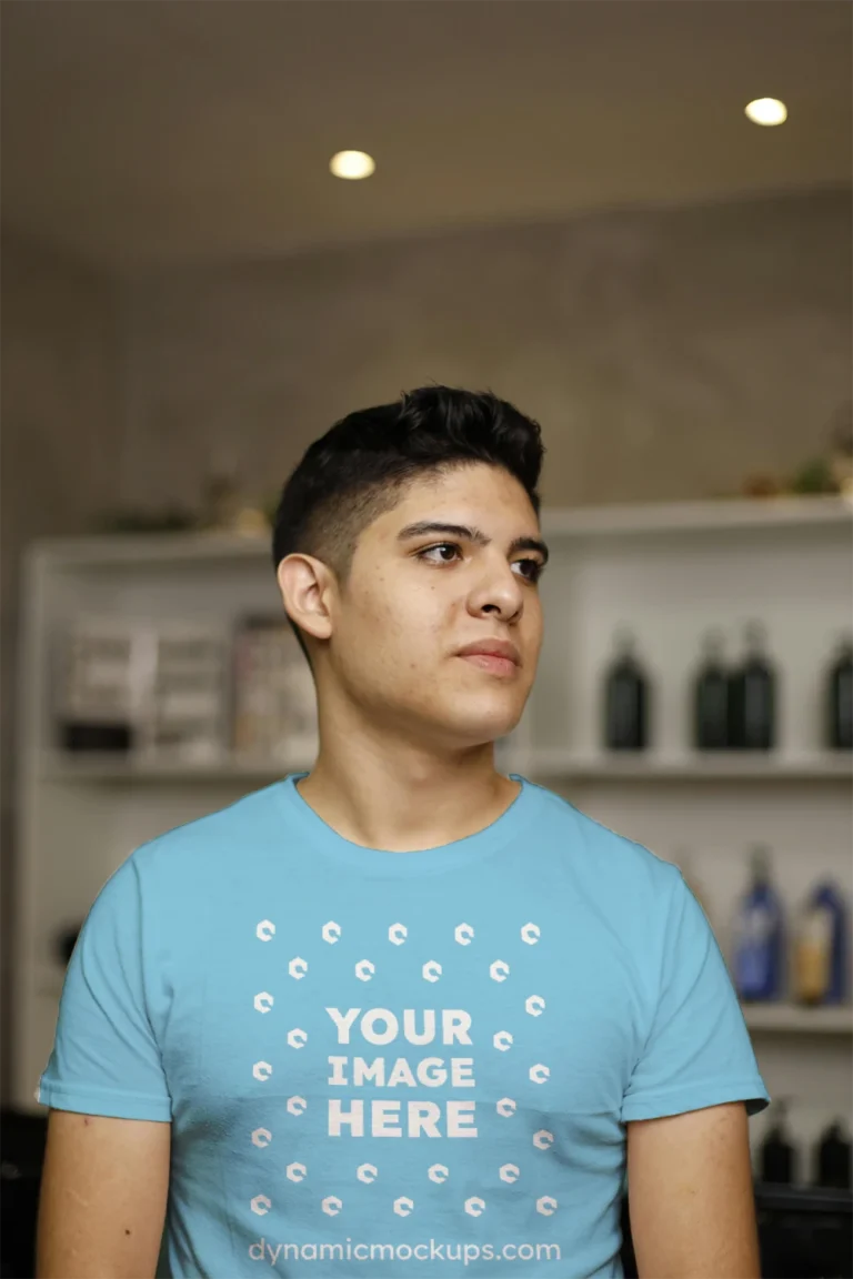 Man Wearing Sky Blue T-shirt Mockup Front View Template